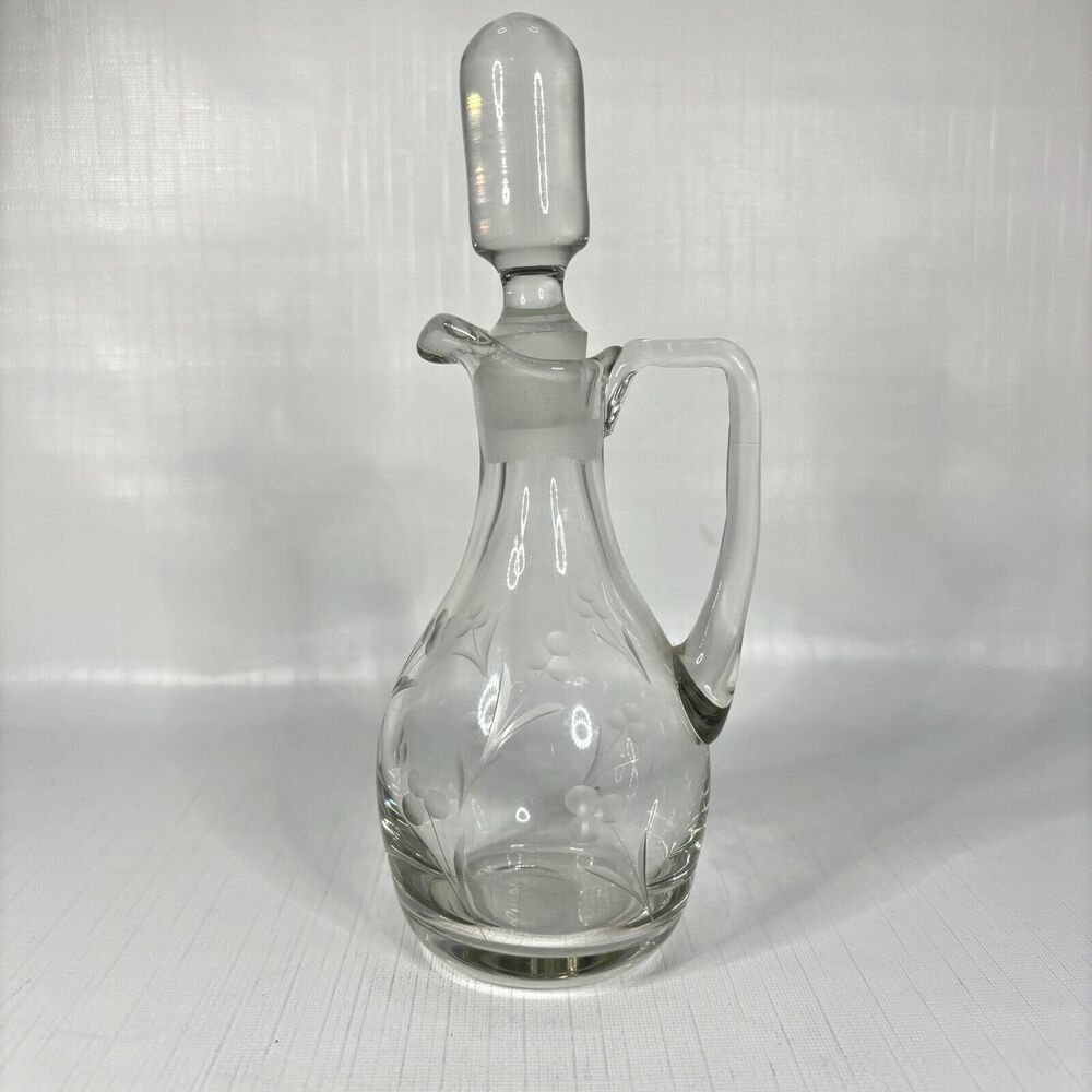 Vintage Cottage Core Etched Glass Oil Vinegar Cruet Bottle Hand Blown Stopper